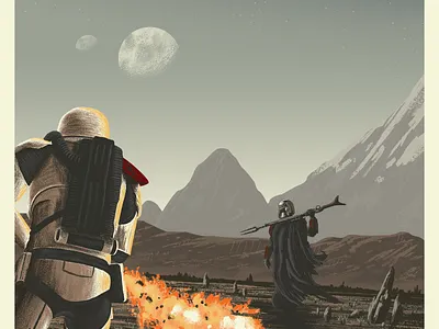 The Mandalorian: Bounty Hunting is a Complicated Profession art artist bounty hunter digital art digital painting disney disney art disney plus fanart illustration mandalorian mountains movie art movie poster outer rim starwars stormtrooper