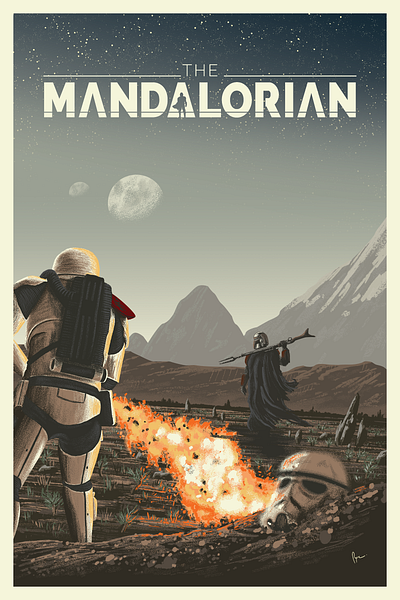 The Mandalorian: Bounty Hunting is a Complicated Profession art artist bounty hunter digital art digital painting disney disney art disney plus fanart illustration mandalorian mountains movie art movie poster outer rim starwars stormtrooper
