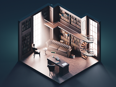 The Study 3d antique blender diorama illustration interior isometric library render room