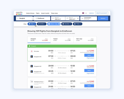 Flights search results page aggregator agoda bundled flights filters flight detail flight search flight tickets flights search search bar search card search results