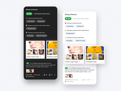 Ratings & Reviews (Dark Theme) collage dark mode dark theme dark ui design ecommerce emoji emotion experience flipkart module night mode photos rate ratings reviews ui