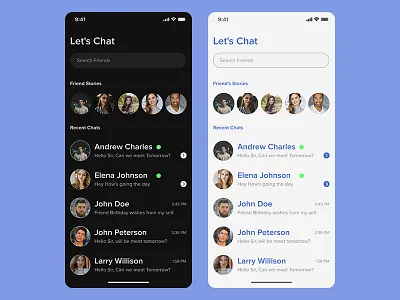 Chat Contacts UI - Dark and Light adobexd appscreen chat chat app chatting chatting app contacts design graphicdesign ui uiux uiuxdesign ux vector webdesign