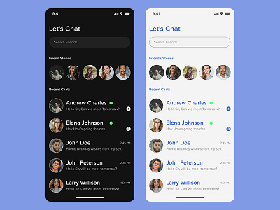 Chat Contacts UI - Dark and Light adobexd appscreen chat chat app chatting chatting app contacts design graphicdesign ui uiux uiuxdesign ux vector webdesign