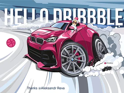 Hello Dribbble bmw caricature cartoon design draw dribbble invite drift illustration invite merrychristmas new year vector