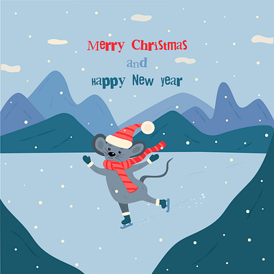 Mouse skates in winter in a hat and scarf cute happy marry mountain rat red snow