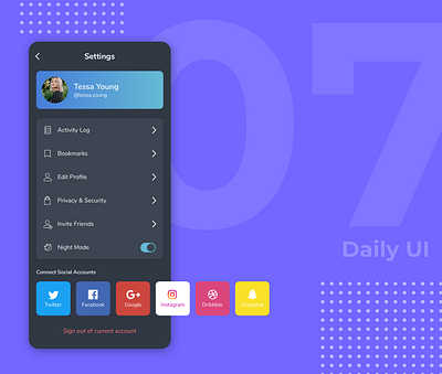Daily UI 007 - Settings Page app dailyui dailyui007 dailyui07 dark mode settings social share ui ux