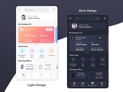 Telecome UI - mobile application dark theme light theme mobile ui telecom telecommunications ui ux ui design