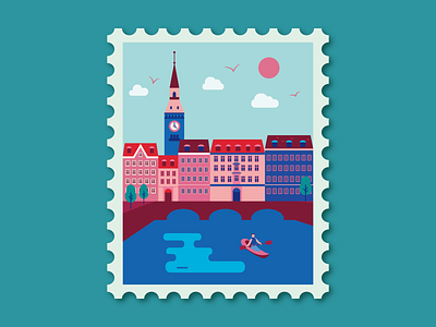 Copenhagen alps building city cityscape copenhagen cozy denmark design europe flat illustration kayak lake landscape oldtown stamp sunny town travel vector