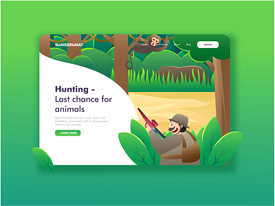 Hunting Landing Page animal design everyday forest hunter illustration landing landingpage leaf monkey people style ui ux vector web