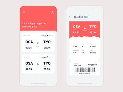 Daily UI - Boarding Pass app app design boarding pass clean dailyui design flat flight ios iphone minimal minimalism minimalist minimalistic red redesign concept ui ux white whitespace