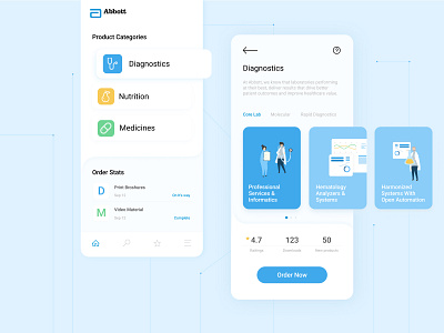 Abbott internal marketing material ordering tool abbott app blue cards design icon illustration medical mobile ui ui design ux ux design vector