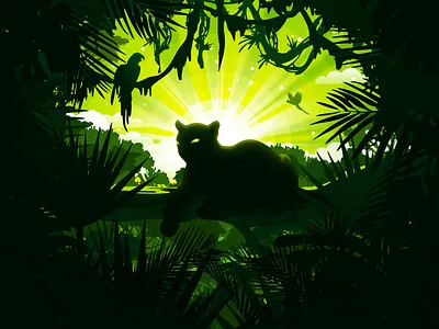 Panther cat cougar illustration landscape liana nature negative parrot paysage popular proart prokopenko scene scenery view wilds