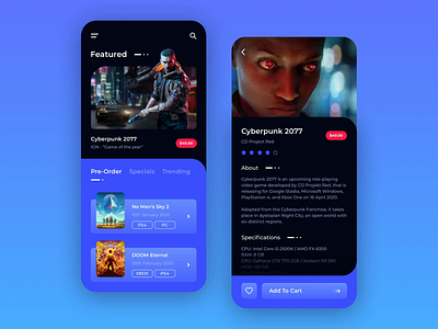 Game Store App app cyberpunk 2077 dark design doom game gaming ios iphone marketplace mobile modern origin platform ps4 steam store ui ux xbox