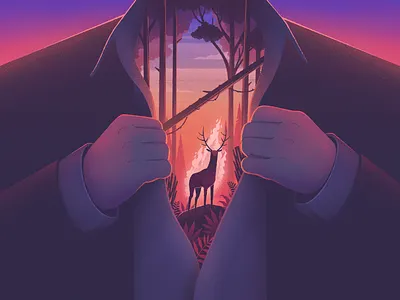 Spirit animal animal color deer deer illustration design illustration landscape nature orange purple sky texture trees
