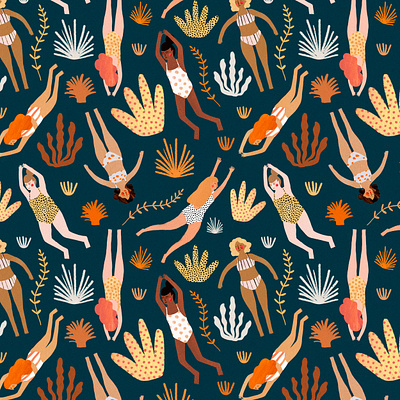 Les nageuses 🐋 aquatic female character illustration illustration art illustrator kids illustration motif motifs ocean ocean life pattern pattern a day pattern art pattern design swimmers swimming