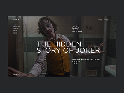 Joker: about the film blog cast casting clean dark design festival film interaction joker mainpage minimal movie nomination typography ui web webdesign website