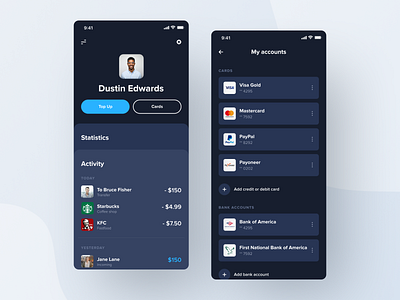 Modern Mobile Banking App activity app bank bank app banking banking app dark ios mobile mobile bank mobile banking my accounts profile
