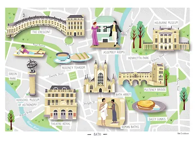 City of Bath Illustrated Map bath cartography hand drawn illustrated map illustration illustration design map maps roman baths tourist map vector visitor map