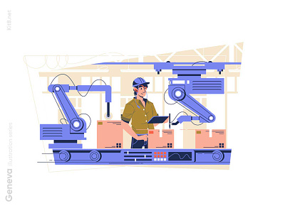 Automated production line illustration automated character factory flat illustration kit8 line man production vector