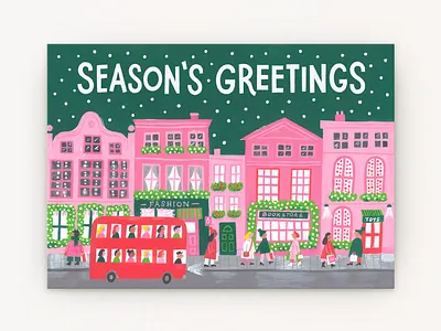 Holiday High Street christmas festive gouache greeting card high street holidays illustration london minimal palette painting red bus shopping