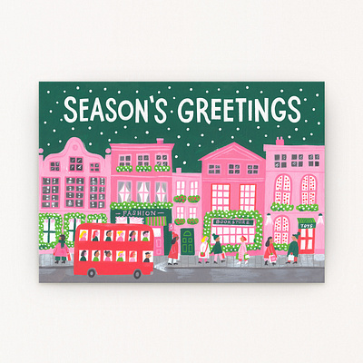 Holiday High Street christmas festive gouache greeting card high street holidays illustration london minimal palette painting red bus shopping