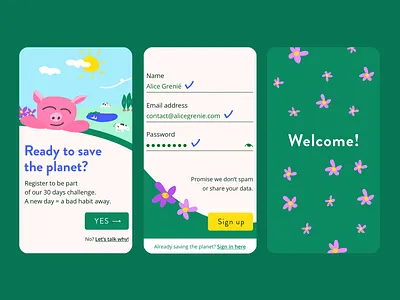 Sign up to save the planet! – Daily UI 001 colorful dailyui dailyui 001 design drawing earth editorial enviroment flat green hand drawing illustration pig sign in sign up sign up form ui uxui vector welcome