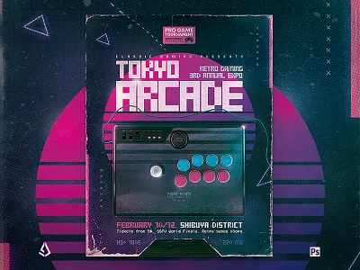 Arcade Stick 80s Retro Gaming Poster Flyer Template 1980s 80s advertisement arcade stick classic gaming electric fight stick flashback gamers mock up neon poster retro gaming retropie retrowave synthwave template video games flyer