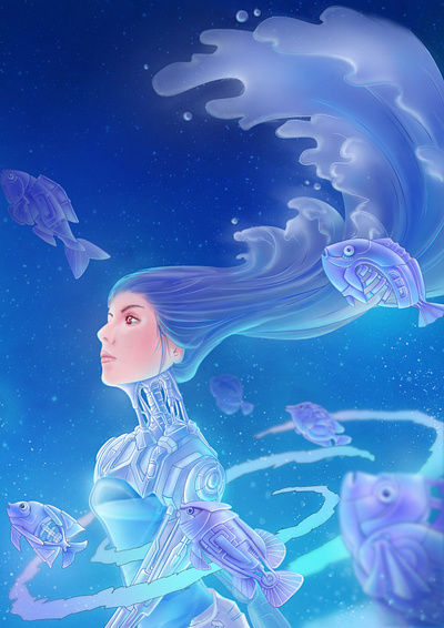 Futuristic Illustration - Fish, Girl and Sea blue bright design fish future futuristic graphic design illustration illustrator light machinery ocean photoshop robot sea