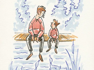 Kids boy editorial father gesture man nature outdoors pen and ink people person son watercolor