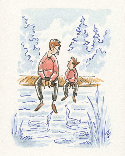 Kids boy editorial father gesture man nature outdoors pen and ink people person son watercolor