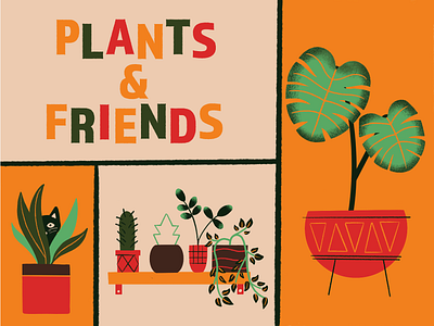 Plants And Friends cat illustration indoor midcentury midcentury modern plants retro typography