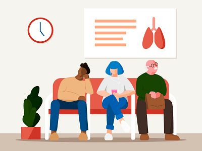 Hospital Waiting Room blue hair boring cartoon caucasian character character desing female flat health healthcare hospital houseplant illustration man medical senior vector waiting waiting room woman