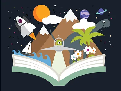 Reading & Imagination adobe alien book design dinosaur flowers fun graphic design icons illustration illustrator imagination palm tree reading sailboat space spaceship ufo vector wip