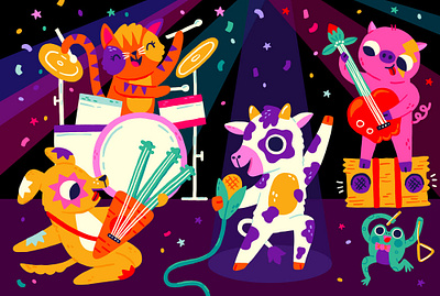 Farm Band band cat concert cow cute design dog drawing drums farm frog frogs guitar illustration music pig vector