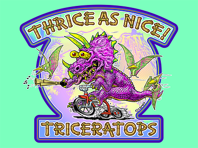 Thrice As Nice! Triceratops character concept character design clip studio paint digital art digital ink dinosaurs hand drawn hand lettering illustration mike lemos mike lemos aka spacetrog pen and ink sticker art tee shirt design