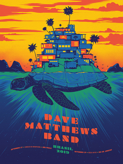 Dave Matthews Band Brazil Poster brazil clouds gig poster illustration ocean palm tree poster sea sunset turtle village