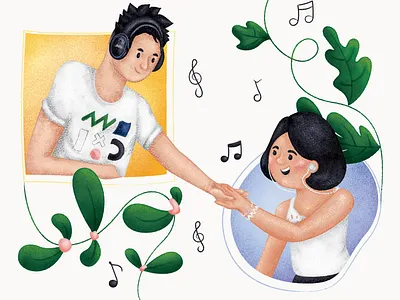 Connected to... boy boyfriend character character design couple flowers fun girl girlfriend grain graphic design happy illustration illustrator leaves man music texture woman
