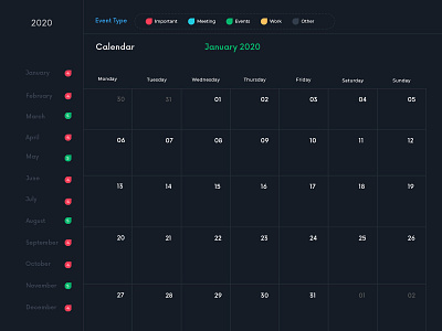 Calendar 2020 | Daily Event 2020 app app ui application calendar calendar ui color block color scheme dashboard dropdown empty event ios meeting menu mobile overview profile reminder ui kit