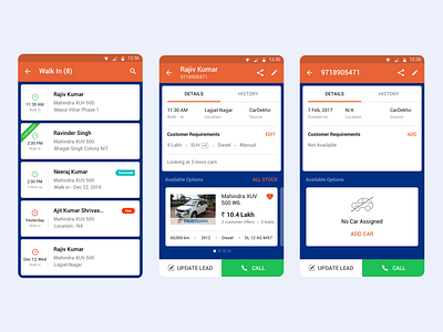 Walk-in Lead Listing & Detail UI/UX android app automobile car concept design lead listing mobile ui ux