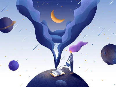 Watering The Book blue book design landscape little prince moon planets space stars