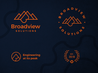 Broadview Solutions Logo with Branding Symbols badge logo brand identity branding broadview logo creative design engineering logo flat geometric design graphic design gridsystem linework logo minimalist logo mountain logo peak solutions logo technology logo