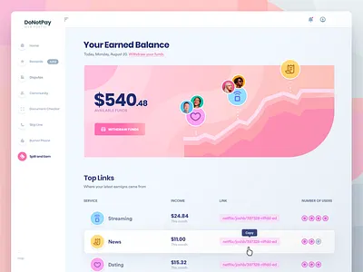 DoNotPay Subscription Balance Webpage access dashboard data donotpay home money payment pink preview ui ux website