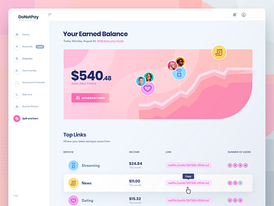 DoNotPay Subscription Balance Webpage access dashboard data donotpay home money payment pink preview ui ux website