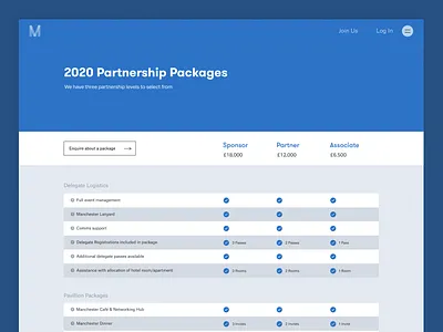 Partnership Packages clean club studio minimal table web design
