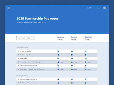 Partnership Packages clean club studio minimal table web design