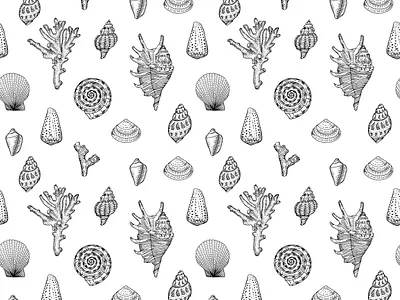 seashells vintage style pattern artwork black white engraving graphic illustration linework outline pattern seamless seashell vector vintage