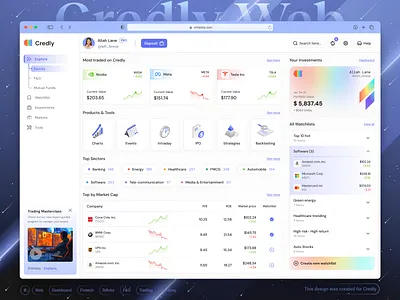 🤑Credly - Explore page - Fintech Dashboard ai application banking charts crypto dashboard dashboard ecommerce dashboard explore page finance finance dashboard fintech dashboard fintech web investments page light theme stocks trading trading exchange ui web design web3