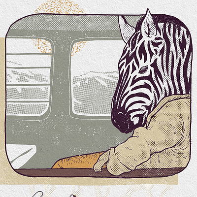 Traveling animal drawing illustration ink mountains poster texture train travel zebra