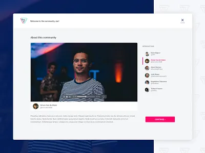 InnovationWall - community introductions about avatar border button close community list onboarding roboto top bar ui video video controls video introduction web app