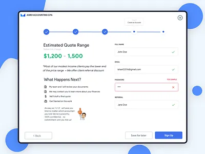 CPA PriceTool Sign Up account accountant accounting blue clean cpa design form mobile sign in sign up sign up form signup sketch tax tax prep taxes ui ux white